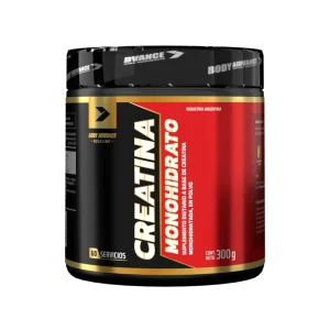 Pote de Creatina Monohidrato Pura 300g Body Advance. Suplemento sin sabor para aumento de fuerza e hipertrofia.